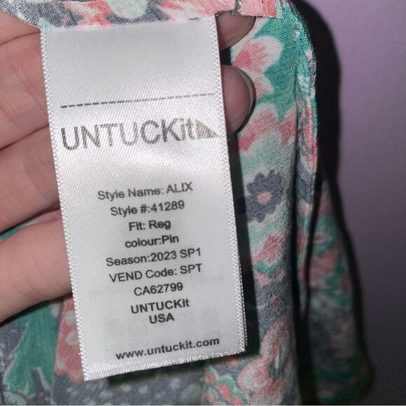 Untuckit Size 12 Floral Green and Red Midi Dress Button Up Short Sleeve - Picture 5 of 8